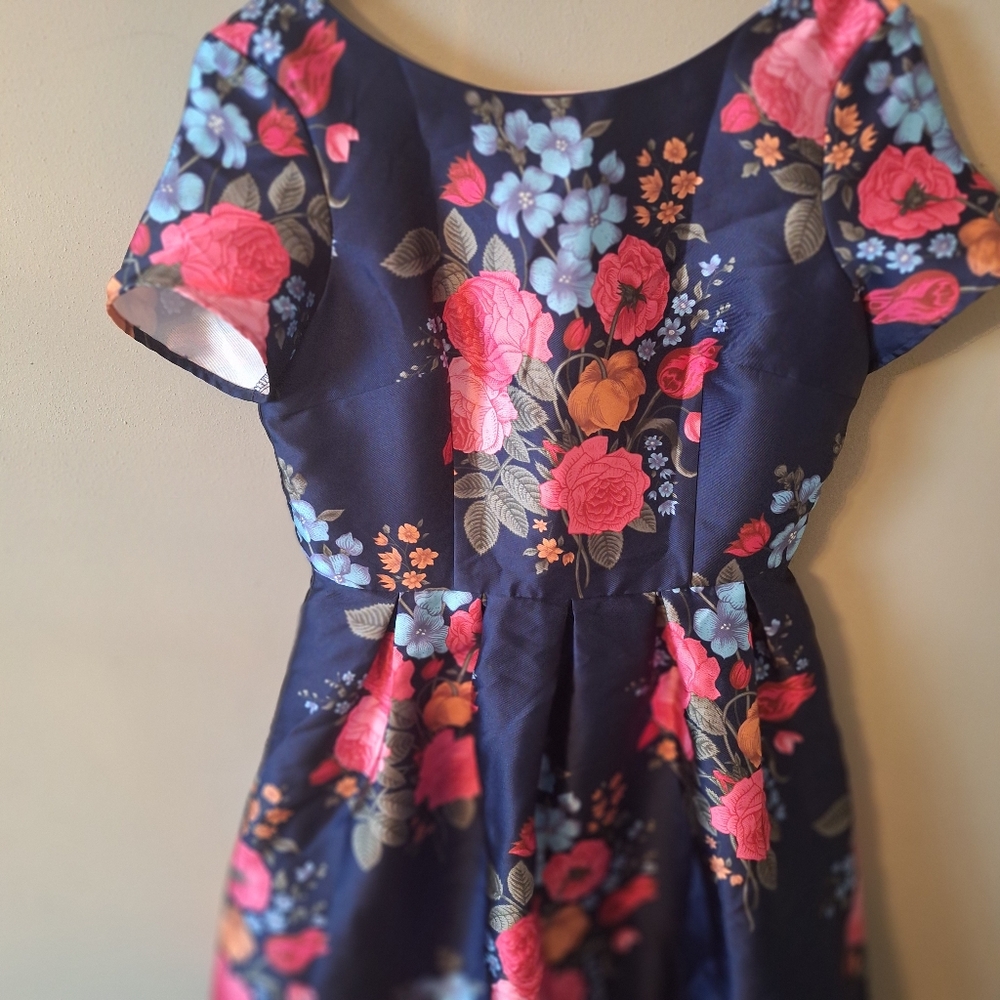 Floral Fit-and-Flare Dress in Navy with Pink Floral Print - Picture 2 of 14